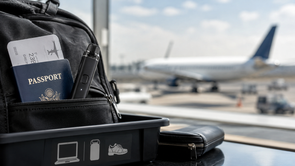 Airport carry-on bag with a vape device ready for air travel.