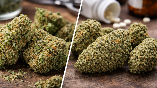Dense PGR cannabis buds compared with natural cannabis buds on a wooden table.