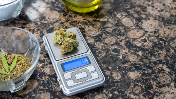 Digital scale displaying precise cannabis weight measurement for dispensary products.