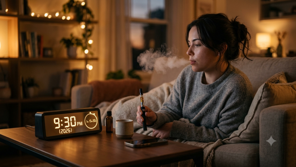 Person using a vape cartridge to illustrate how long a cart high lasts.