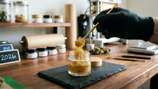 THCA live rosin concentrate showcasing solventless extraction in 2026.