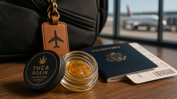 THCA rosin with travel essentials at an airport before a flight.