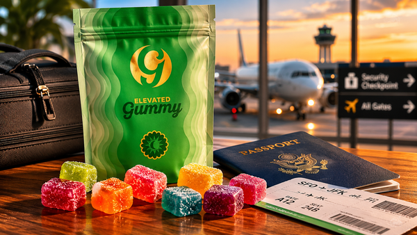 THC gummies and travel essentials at an airport terminal before a flight.