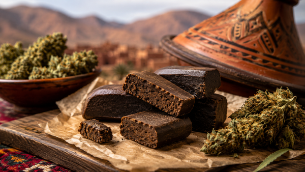 Traditional Moroccan hash with cannabis buds and North African-inspired setting.