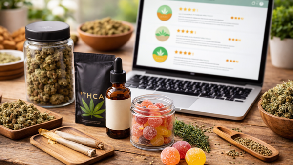 CBD products and hemp buds beside a laptop reviews.