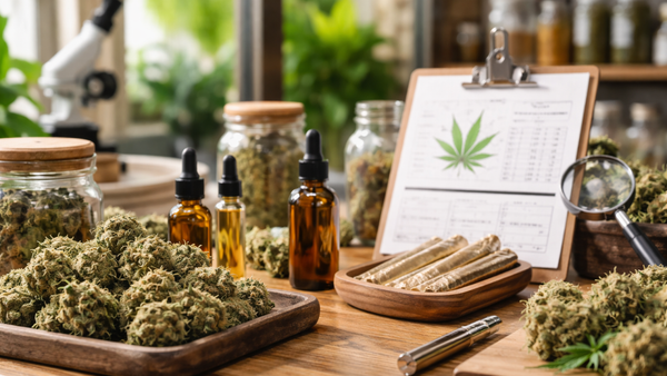 Cannabis flower and CBD products on display.