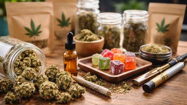 Cannabis flower, gummies, vape pens, and CBD oil displayed on a wooden table.