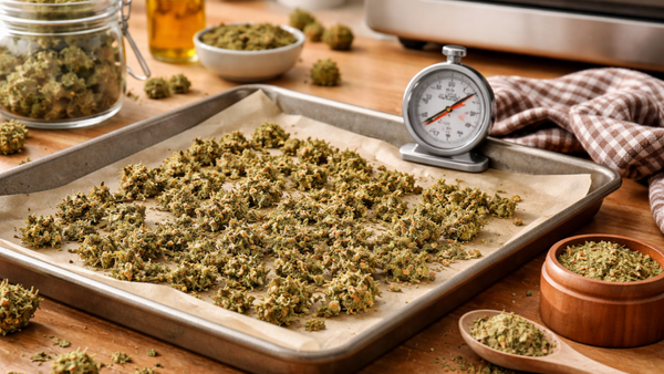 Decarbing cannabis on a baking tray in oven kitchen setup