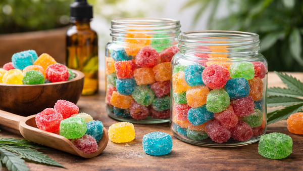 Delta-8 gummies in glass jars on a wooden table.