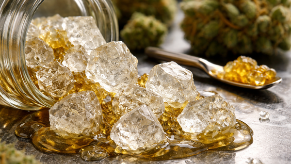THCA diamonds spilling from a jar with cannabis buds in the background