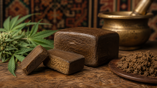 Traditional Lebanese pressed hash blocks with cannabis flower on a rustic wooden table.