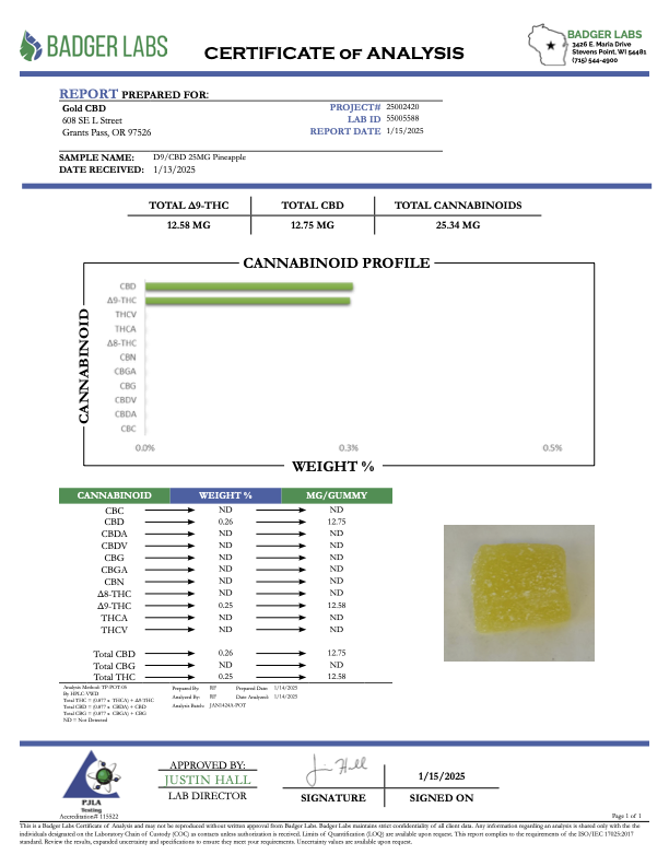 DELTA 9/CBD HEMP GUMMY 25MG - 25 COUNT